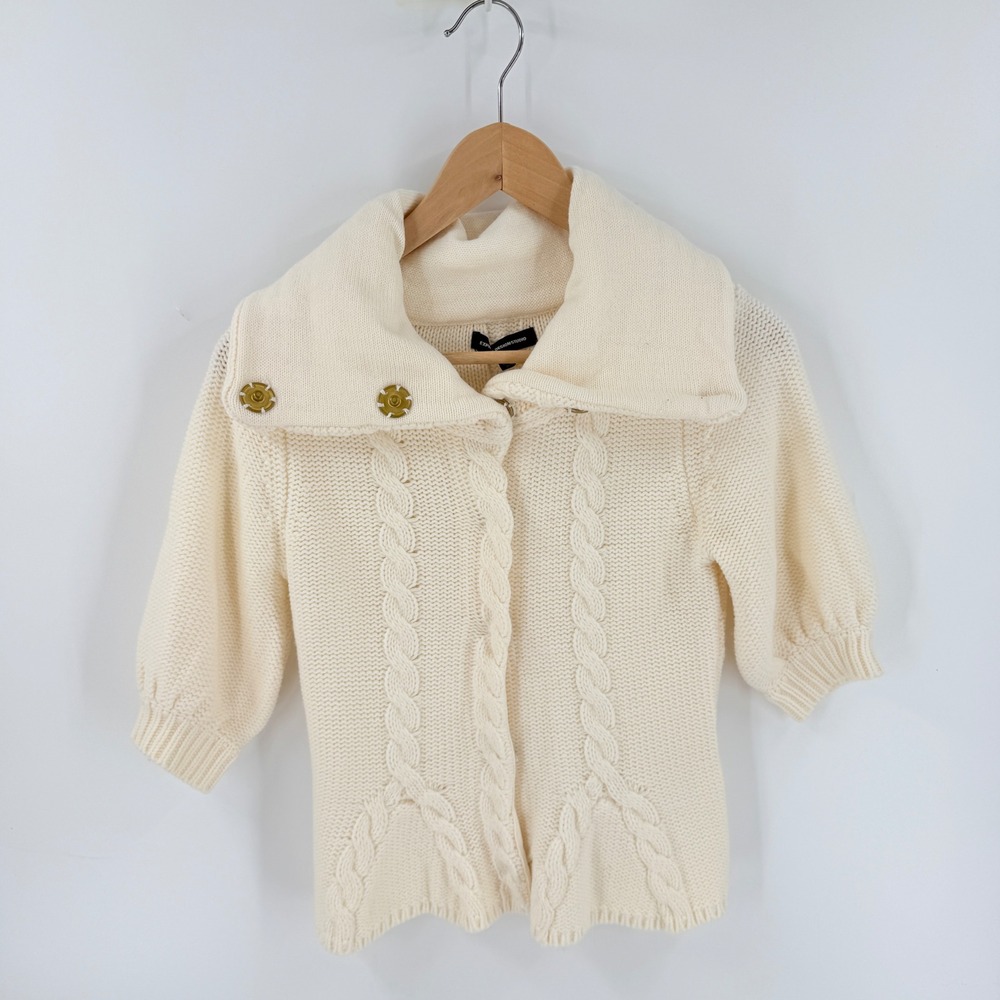 Y2K Express Design Studio Cardigan Sweater Cream XS Cable Knit Short Sleeve